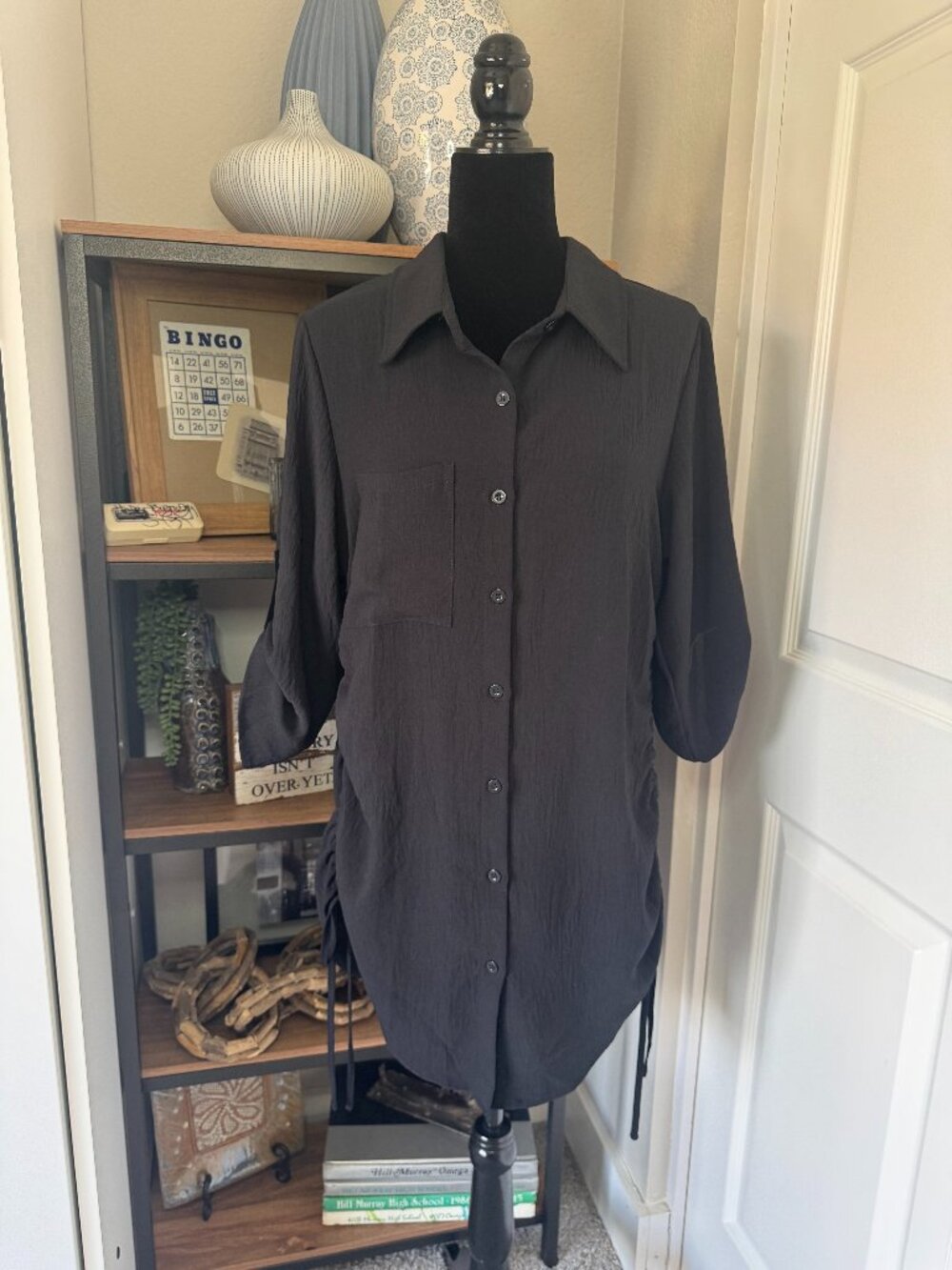 B Black Button Down Dress w/Ruched Sides - Size L